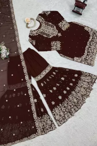 Brown faux georgette embroidered sharara set