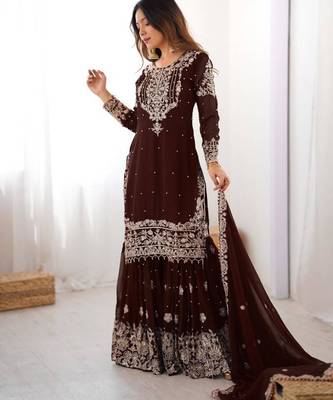 Brown faux georgette embroidered sharara set 3