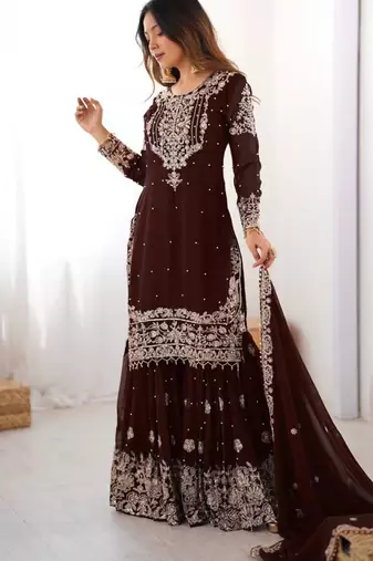 Brown faux georgette embroidered sharara set