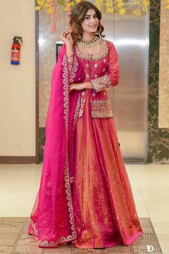 Pink silk embroidered lehenga set