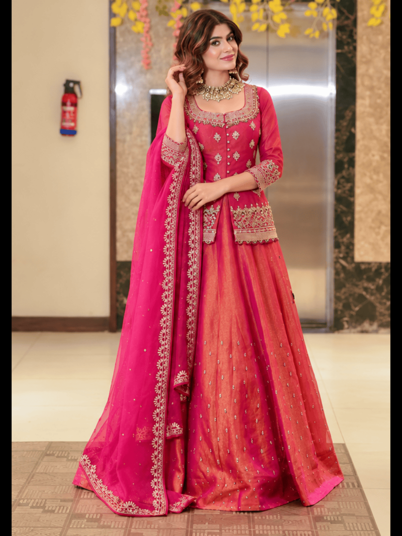 Pink silk embroidered lehenga set