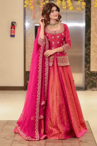 Pink silk embroidered lehenga set