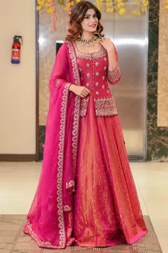 Pink silk embroidered lehenga set