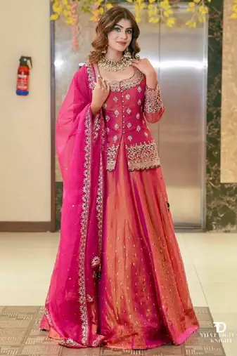 Pink silk embroidered lehenga set