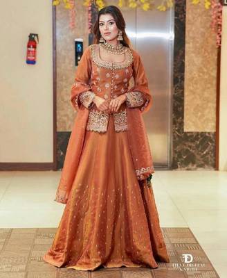 Brown silk embroidered lehenga set 1