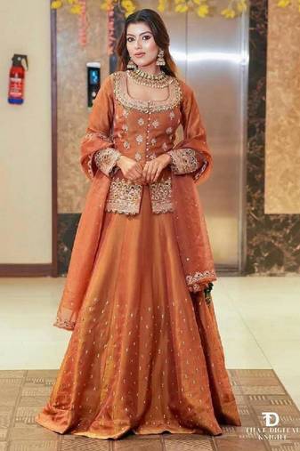 Brown silk embroidered lehenga set
