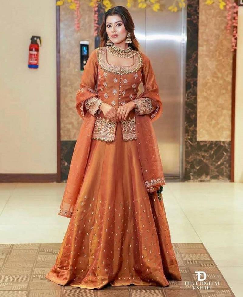 Brown silk embroidered lehenga set