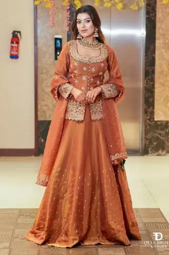 Brown silk embroidered lehenga set