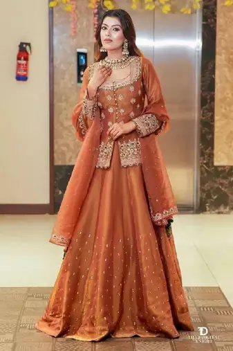 Brown silk embroidered lehenga set