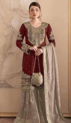 Maroon faux georgette embroidered sharara set 1
