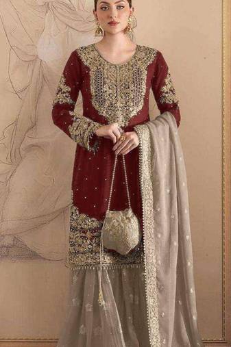 Maroon faux georgette embroidered sharara set