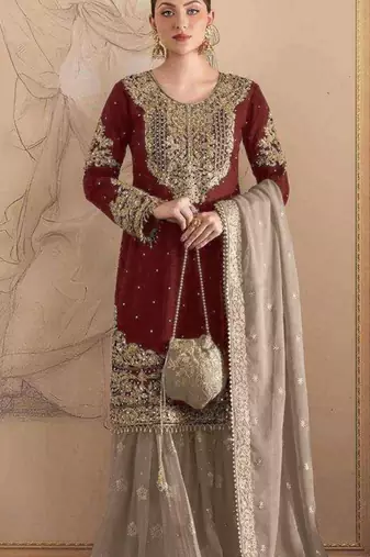 Maroon faux georgette embroidered sharara set