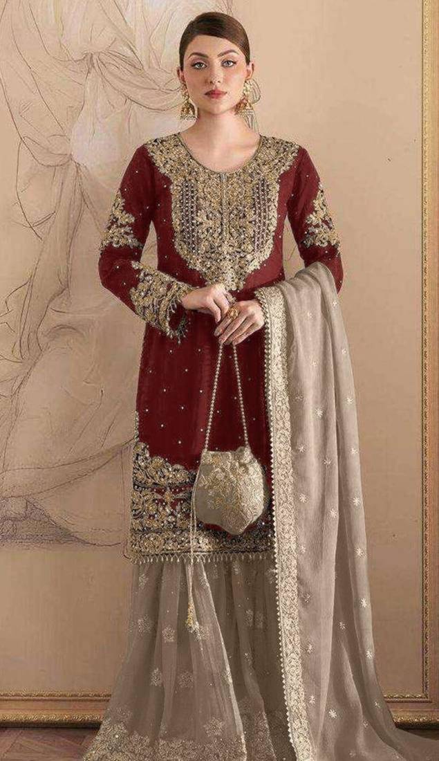 Maroon faux georgette embroidered sharara set