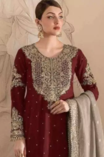 Maroon faux georgette embroidered sharara set