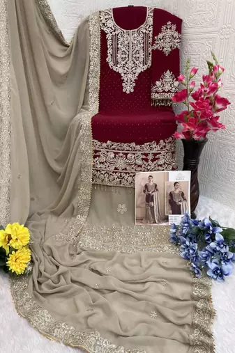 Maroon faux georgette embroidered sharara set