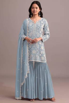 Blue faux georgette embroidered sharara set 1