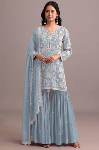 Blue faux georgette embroidered sharara set
