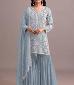 Blue faux georgette embroidered sharara set