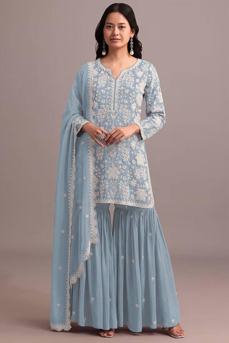 Blue faux georgette embroidered sharara set