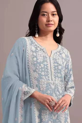 Blue faux georgette embroidered sharara set
