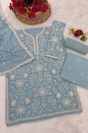 Blue faux georgette embroidered sharara set
