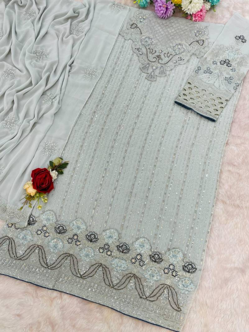 Sky blue faux georgette embroidered kurta set