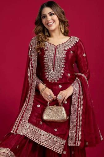 Maroon art silk embroidered sharara set