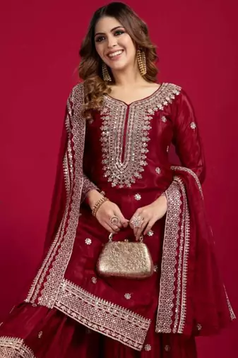 Maroon art silk embroidered sharara set