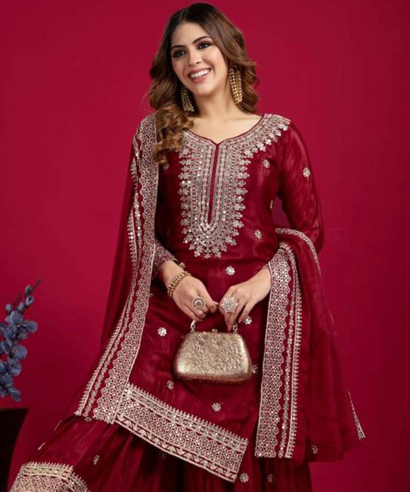 Maroon art silk embroidered sharara set