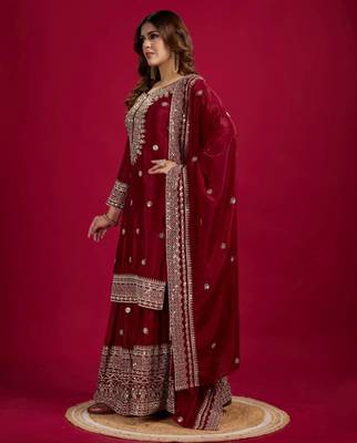 Maroon art silk embroidered sharara set 2