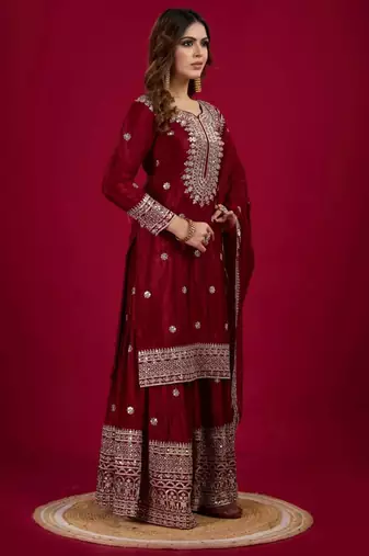 Maroon art silk embroidered sharara set