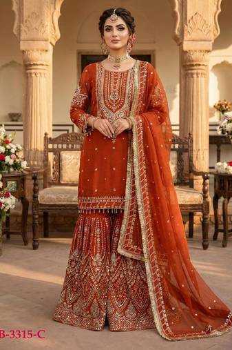 Orange georgette embroidered sharara set