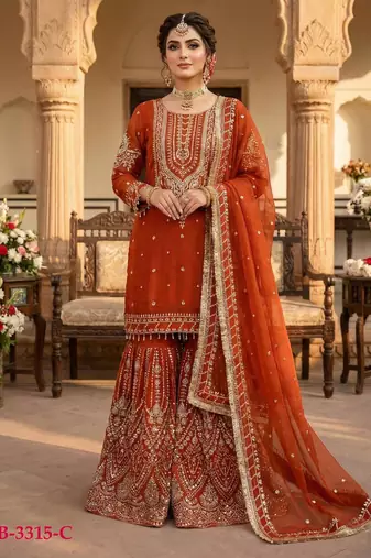 Orange georgette embroidered sharara set