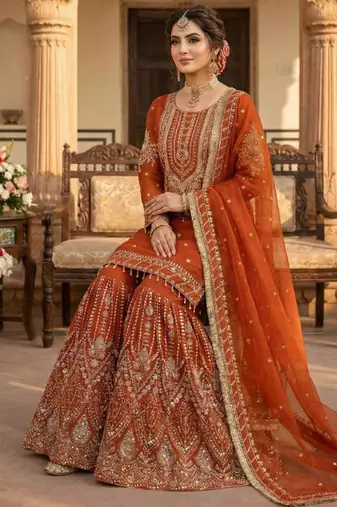 Orange georgette embroidered sharara set