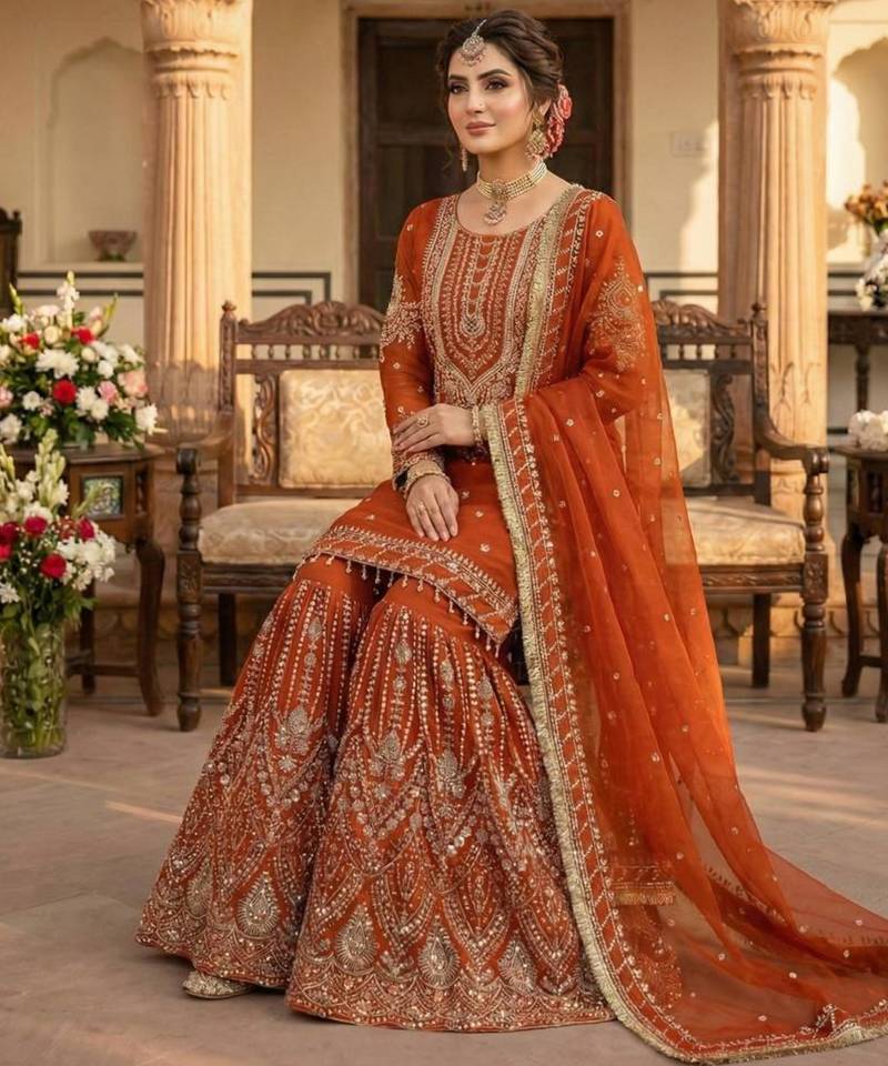 Orange georgette embroidered sharara set