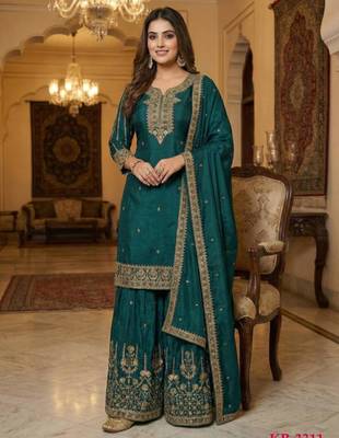 Dark teal silk embroidered sharara set 1