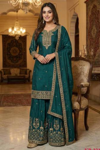 Dark teal silk embroidered sharara set