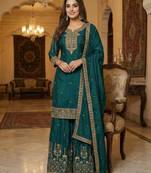 Dark teal silk embroidered sharara set