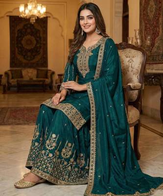Dark teal silk embroidered sharara set 2
