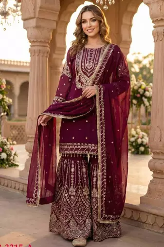 Purple georgette embroidered sharara set