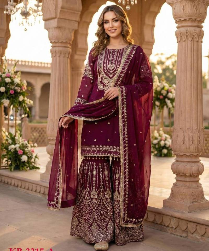 Purple georgette embroidered sharara set