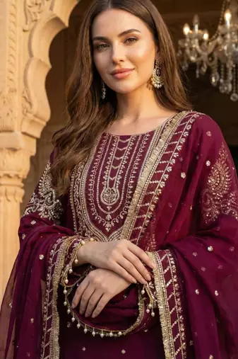 Purple georgette embroidered sharara set