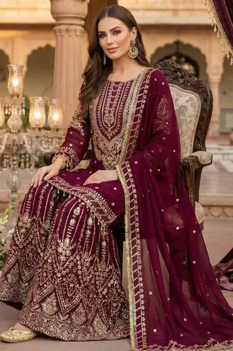 Purple georgette embroidered sharara set
