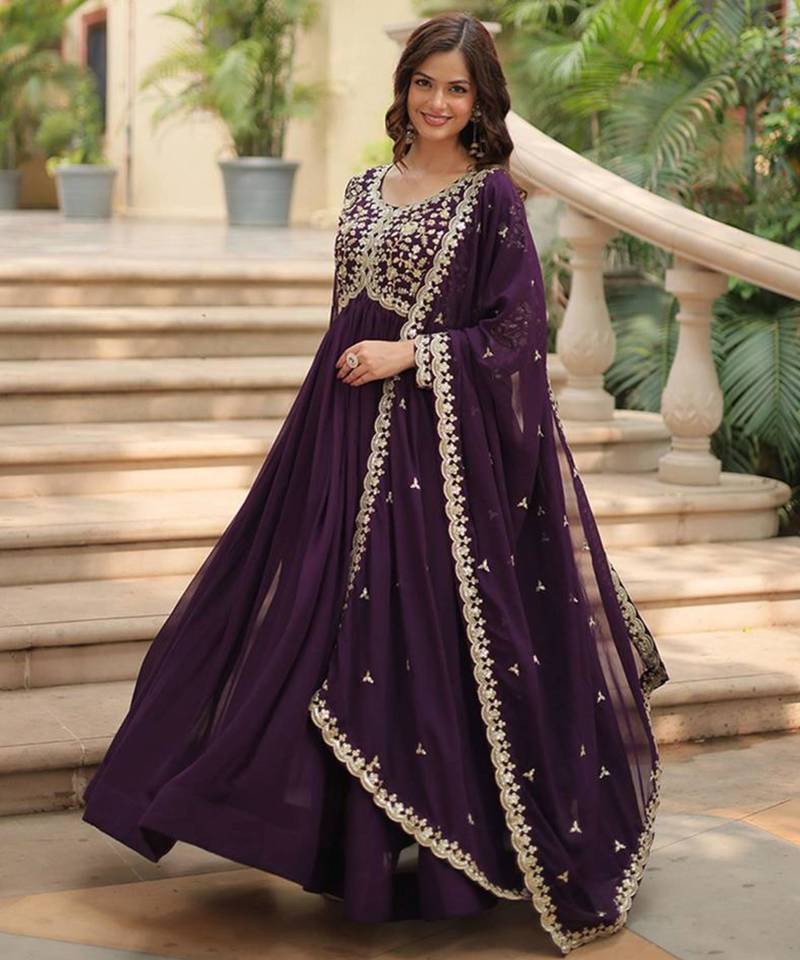 Wine georgette embroidered sharara set