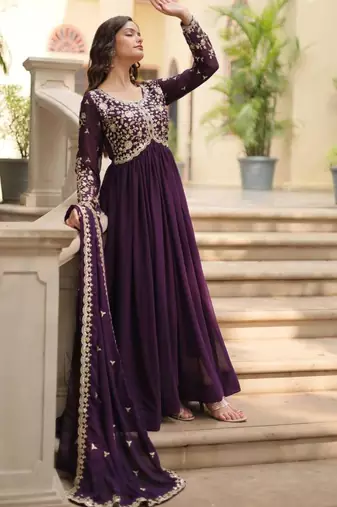 Wine georgette embroidered sharara set