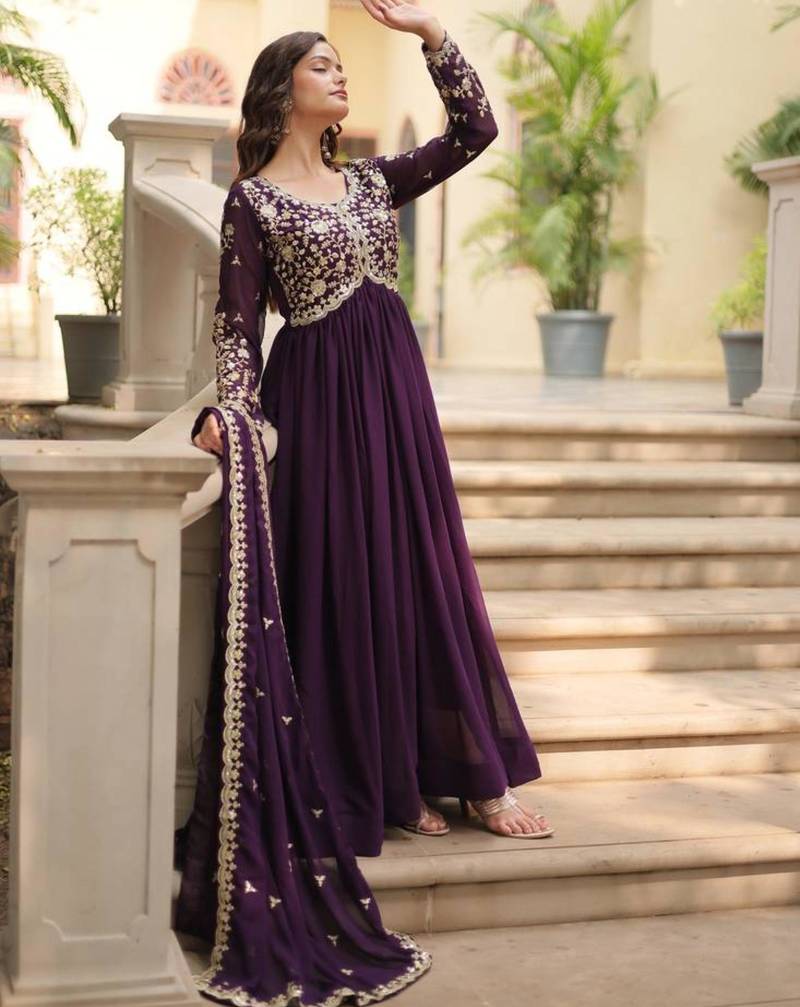 Wine georgette embroidered sharara set