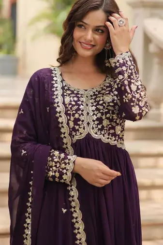 Wine georgette embroidered sharara set