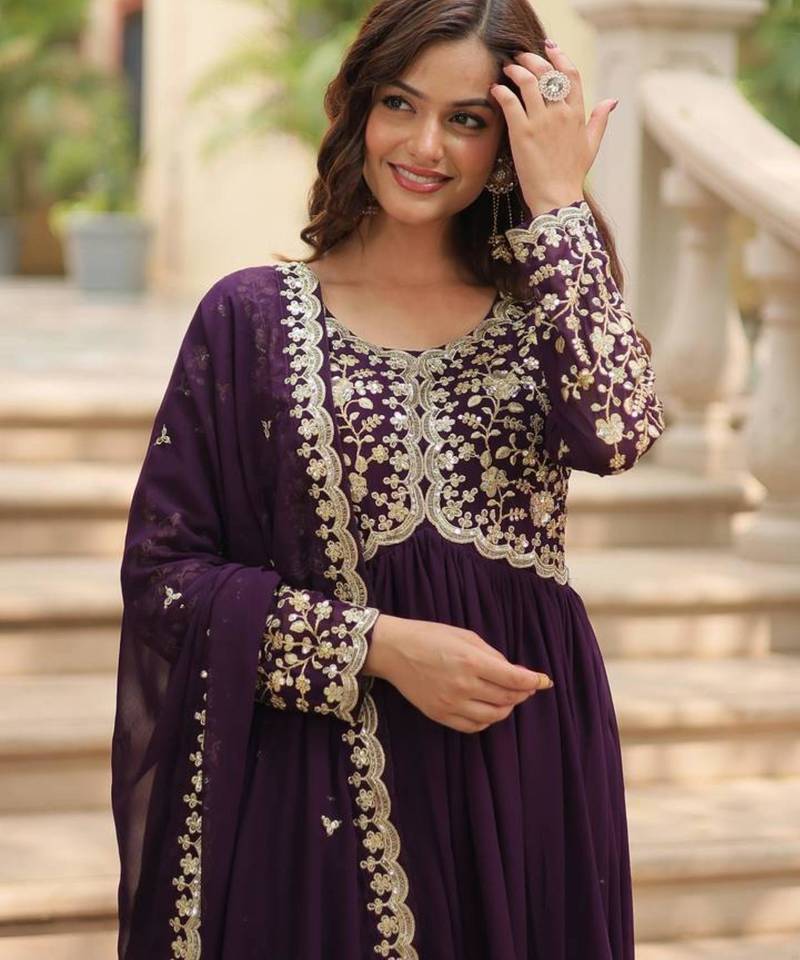 Wine georgette embroidered sharara set