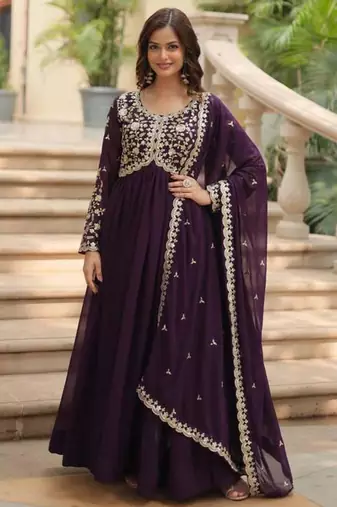Wine georgette embroidered sharara set