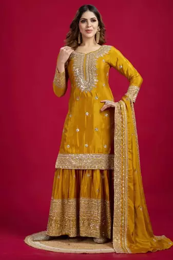 Mustard art silk embroidered sharara set